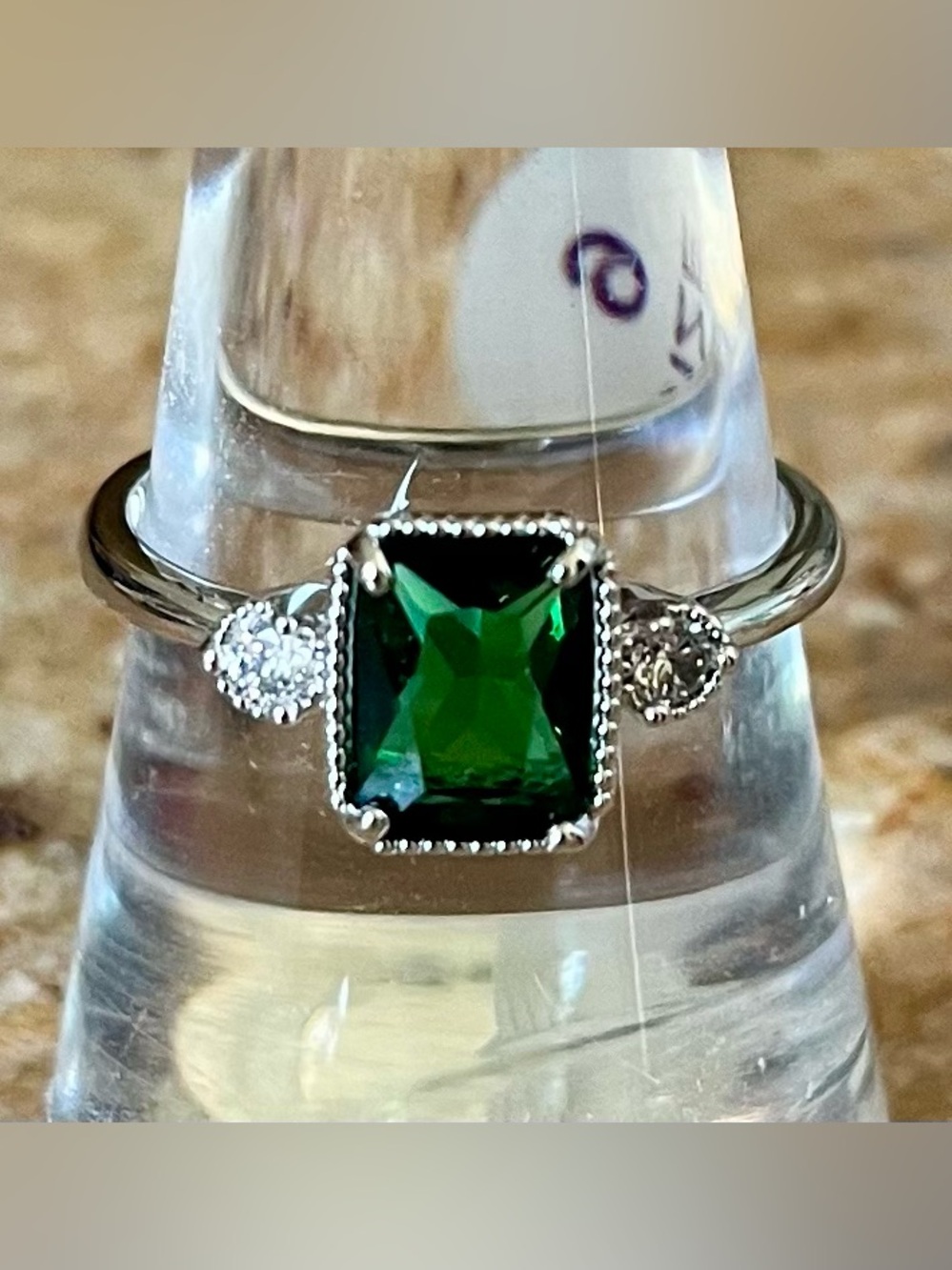 Bomb Party Retro RBP2318 Emerald & White Topaz on Rhodium Ring HTF